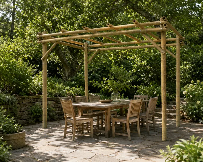 Pérgola sobre una mesa, cañas como pies y vigas