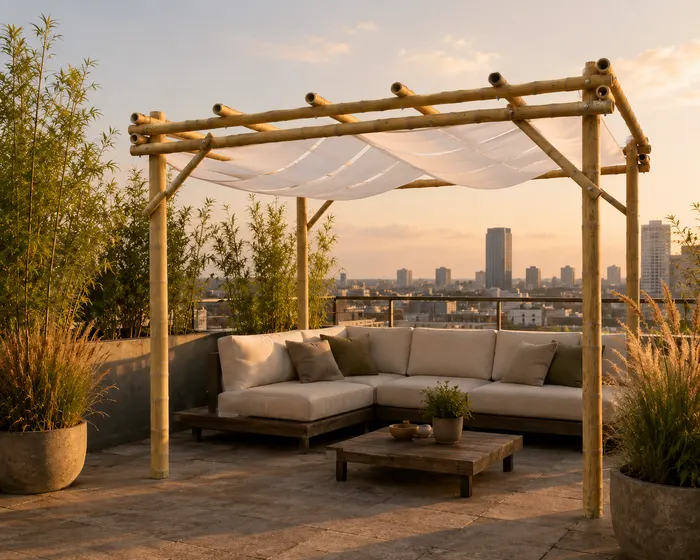 Azotea con pérgola ligera y toldo de tela