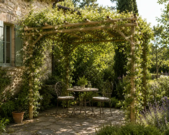 Pérgola cubierta de verde como sala de jardín