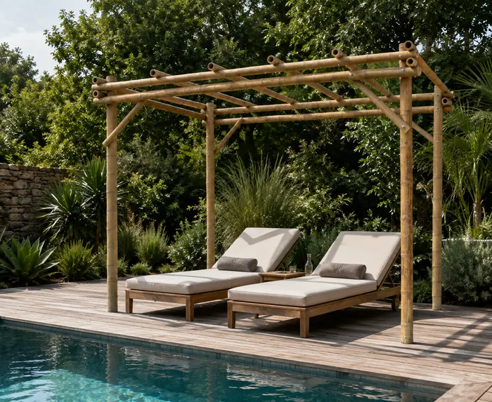 Pérgola junto a la piscina, de trazado limpio