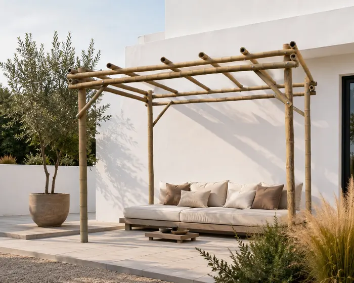 Pérgola con banco al abrigo