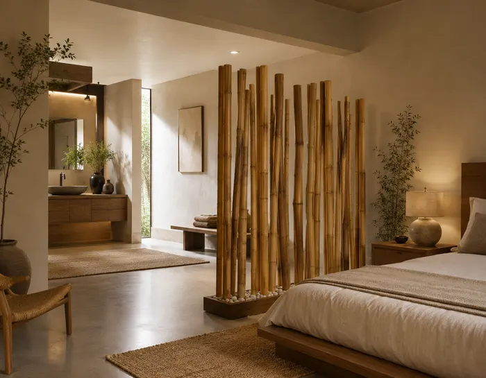 Pantalla de cañas entre baño y dormitorio