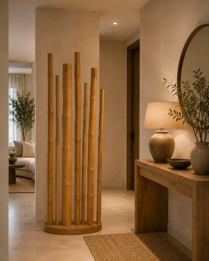 Columna redonda de cañas en un recibidor